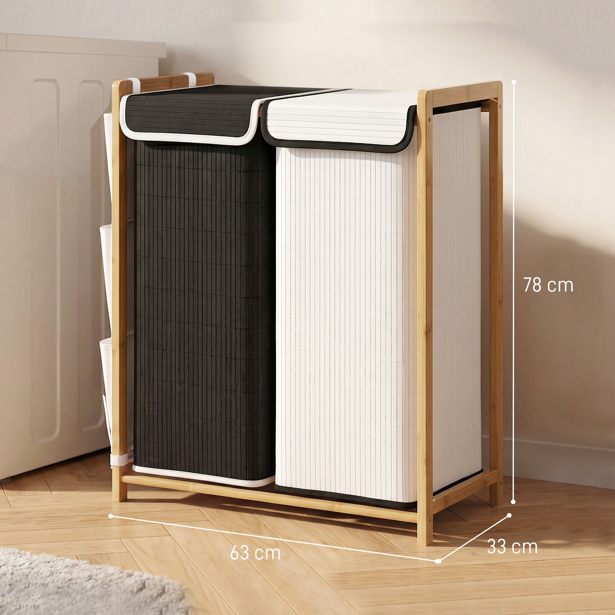 Cesto de Ropa Sucia con Tapa, 120L, Cesta de Ropa Sucia de Bambú con 2 Compartimentos, Bolsas Extraíbles y Lavables con Cordón, Bolsillos Laterales, para Lavandería, 63x33x78 cm, Blanco y Negro