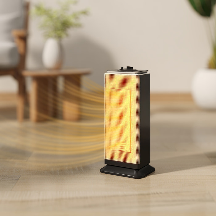 Calefactor Eléctrico Bajo Consumo Cerámico, 2000W PTC, con 3 Modos, Termostato Regulable, Oscilación de 55°, Protección contra Vuelcos y Sobrecalentamiento para 15㎡ en Dormitorio, Negro