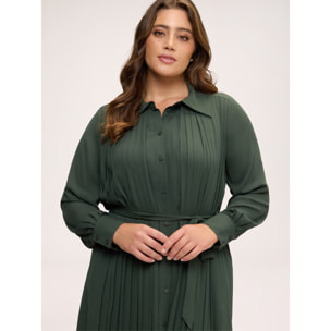 Fiorella Rubino - Vestito lungo chemisier plissé in georgette - Verde militare