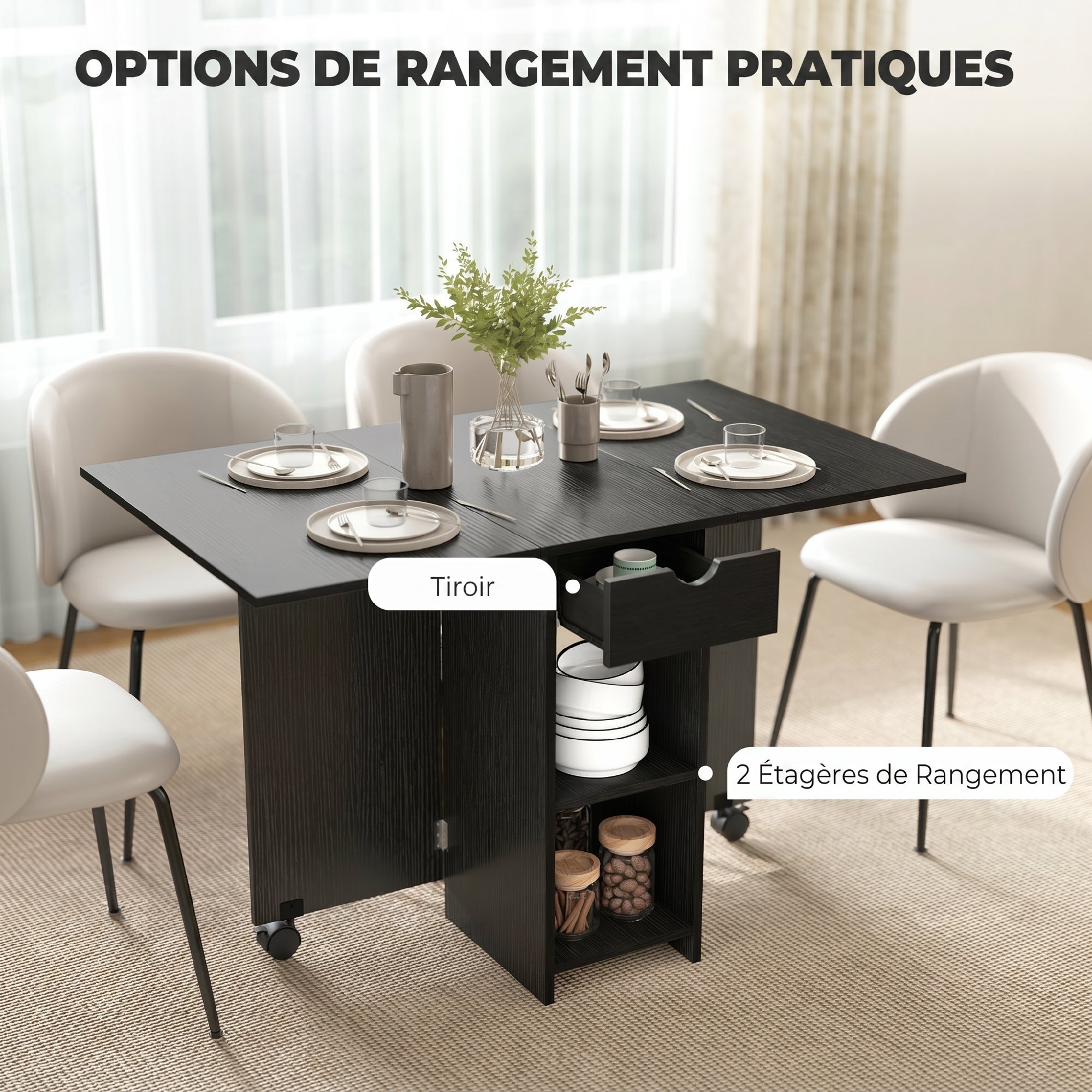 Table à manger pliable extensible 4 personnes - 2 abattants, 2 étagères, tiroir, roulettes - aspect bois noir