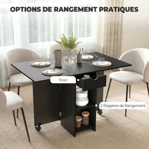 Table à manger pliable extensible 4 personnes - 2 abattants, 2 étagères, tiroir, roulettes - aspect bois noir