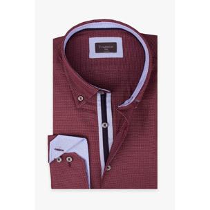 Camicia Uomo 2 Bottoni Button Down Slim Jacquard Fantasia Bordeaux e Celeste