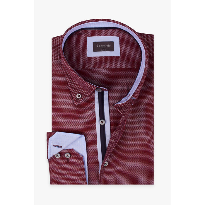 Camicia Uomo 2 Bottoni Button Down Slim Jacquard Fantasia Bordeaux e Celeste