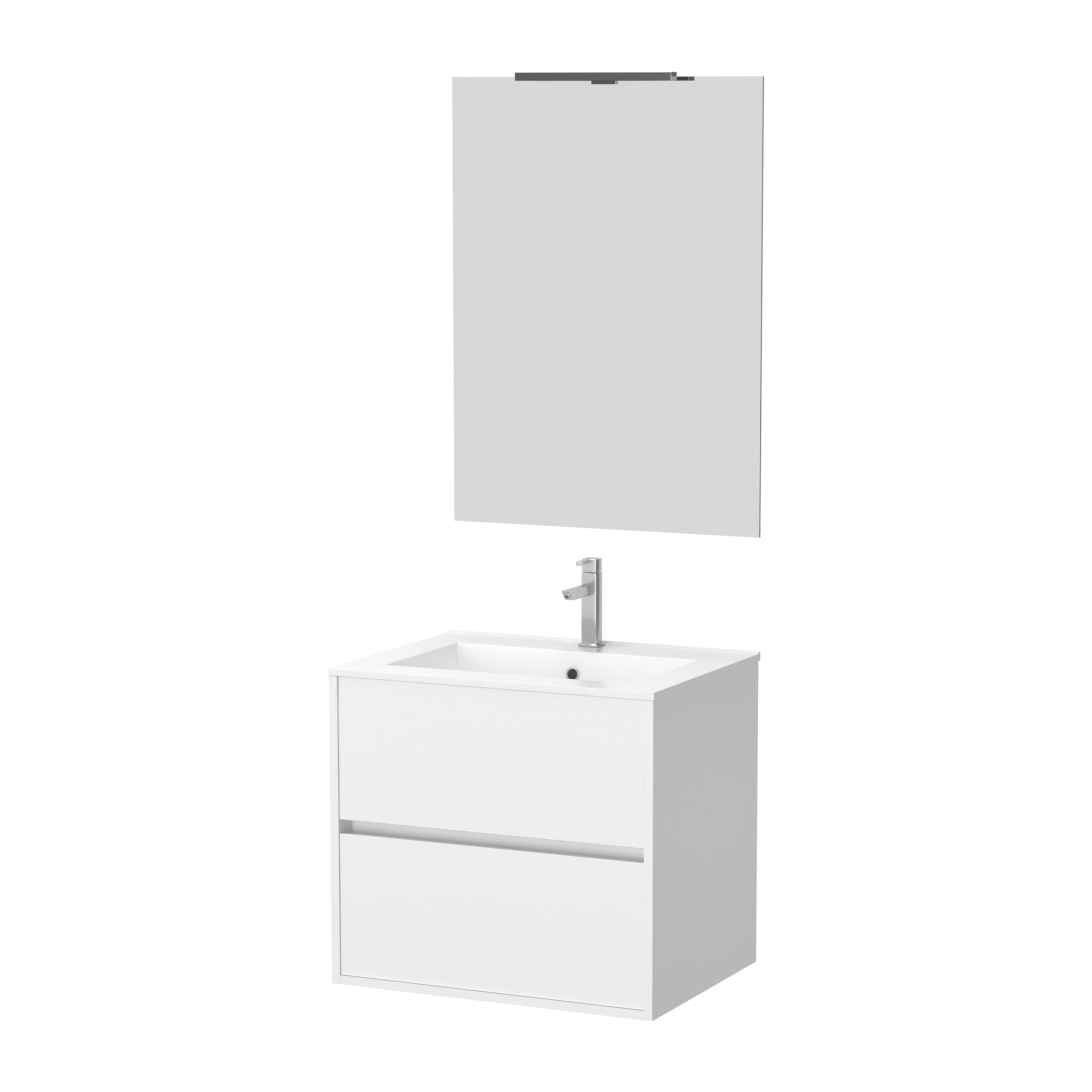 Pack Meuble Salle de Bains 60cm Blanc 2 Tiroirs, Vasque, Miroir 60x80 et réglette Led - XENOS
