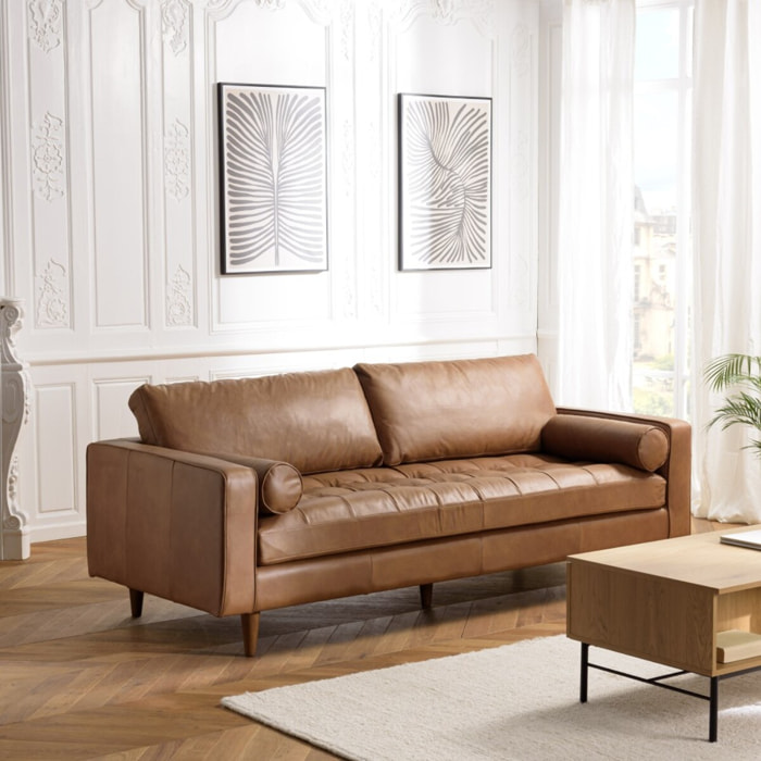 PIERRE - Canapé 3 places cuir couleur caramel assise capitonnée