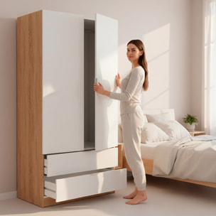 Armadio Guardaroba Con 2 Ante Battenti Asta Appendiabiti E 2 Cassetti Design Moderno Stile Nordico 80 x 52 x 180 Cm Bianco e Rovere