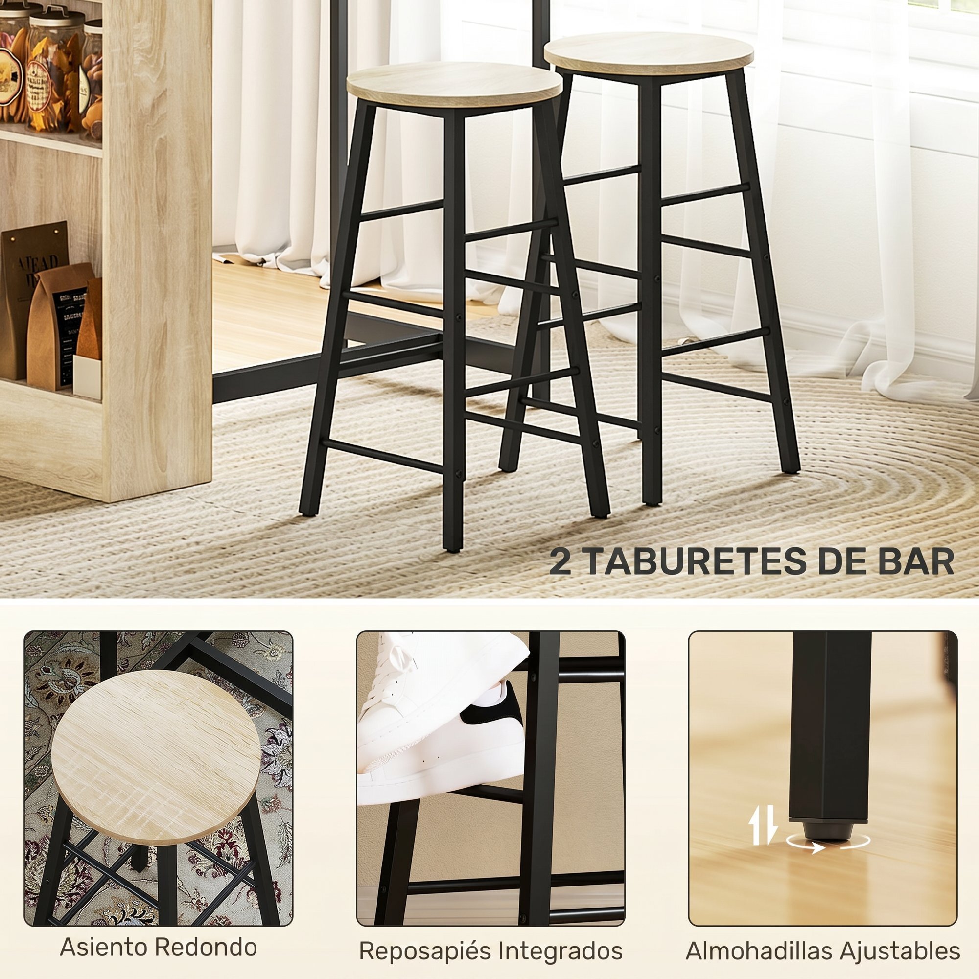 Conjunto Mesa Alta de Cocina con 2 Taburetes, Mesa Alta de Bar, Ahorro de Espacio, Marco de Acero, Reposapiés, 3 Compartimentos Abiertos, Estante Ajustable, para Comedor, Isla Cocina, Roble
