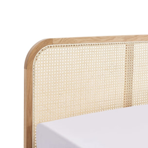 Lit coffre adulte 140x190 cm en velours côtelé avec tête de lit en bois et cannage - ELSA