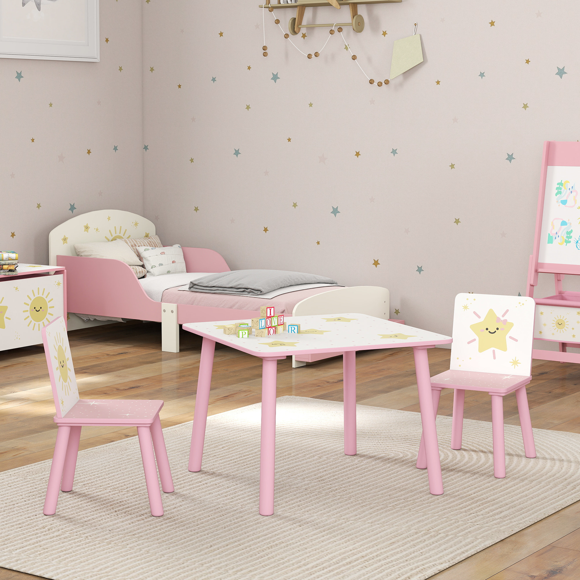 Ensemble table et chaises enfant design étoiles soleil bois pin MDF blanc rose