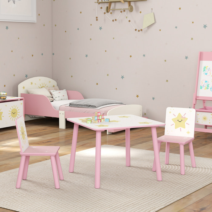 Ensemble table et chaises enfant design étoiles soleil bois pin MDF blanc rose