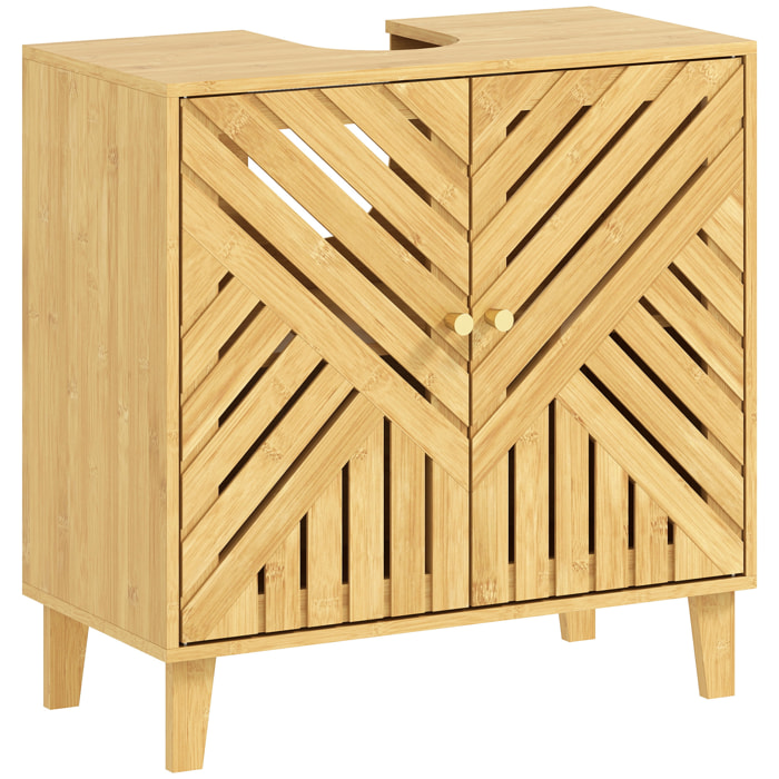 Meuble sous lavabo, meuble de salle de bain en bambou avec étagère réglable et portes à lattes, anti-humidité, 60 x 30 x 60 cm, naturel