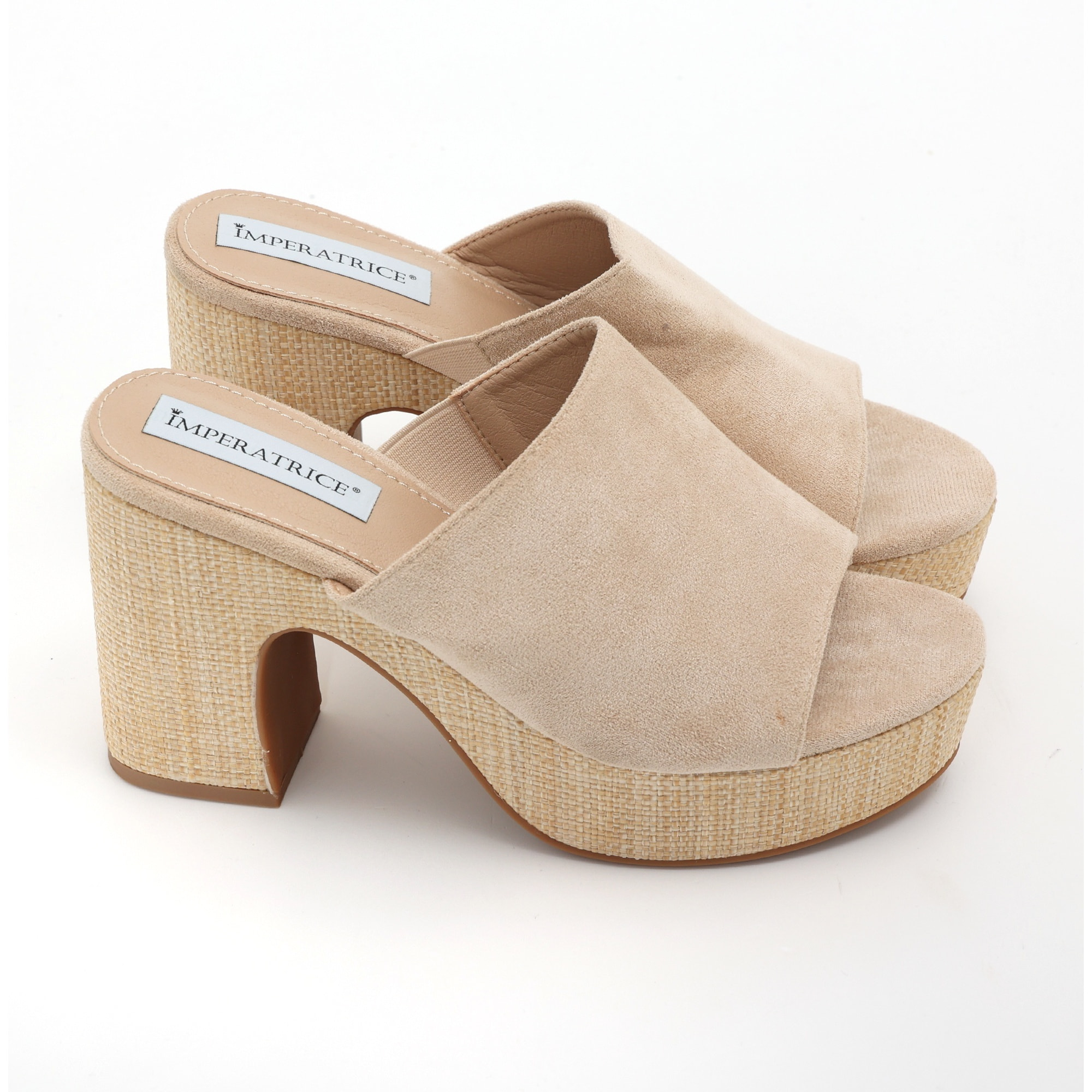 Sandali platform in simil camoscio con tacco in rafia