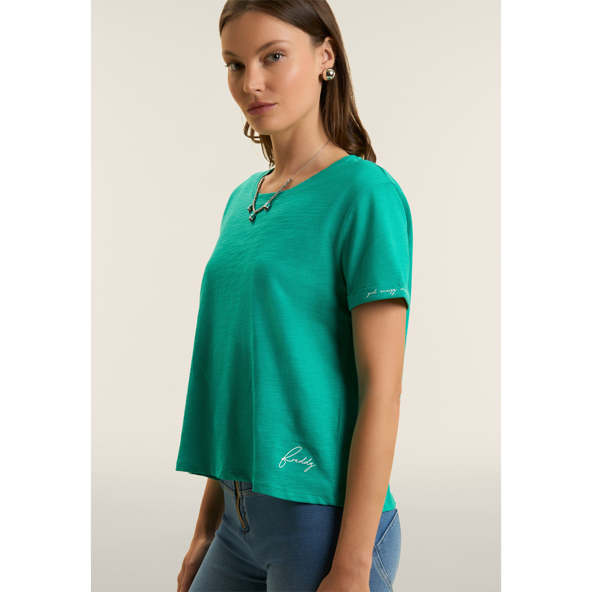 T-shirt cropped in jersey fiammato con risvolto sulle maniche