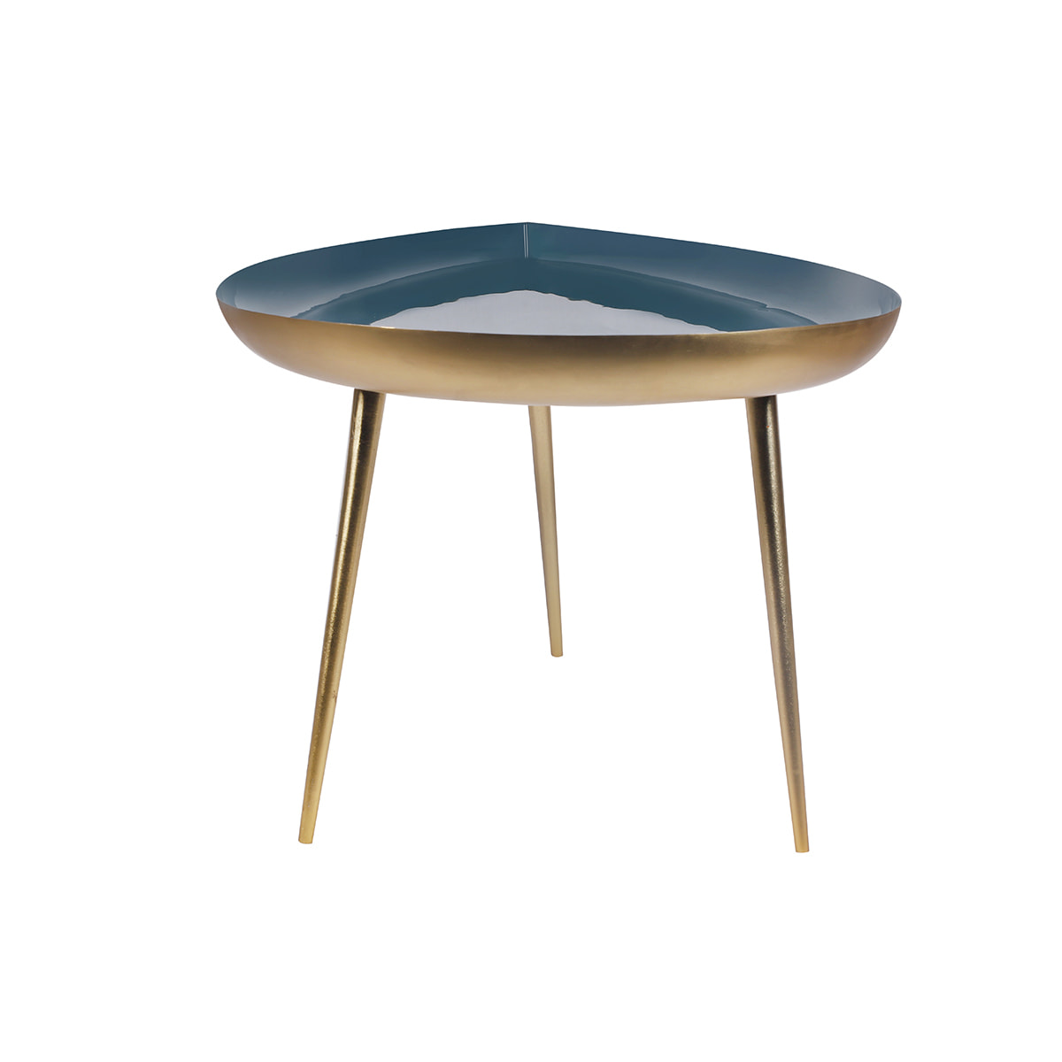 Table basse design en acier laqué bleu canard et doré L80 cm DROP