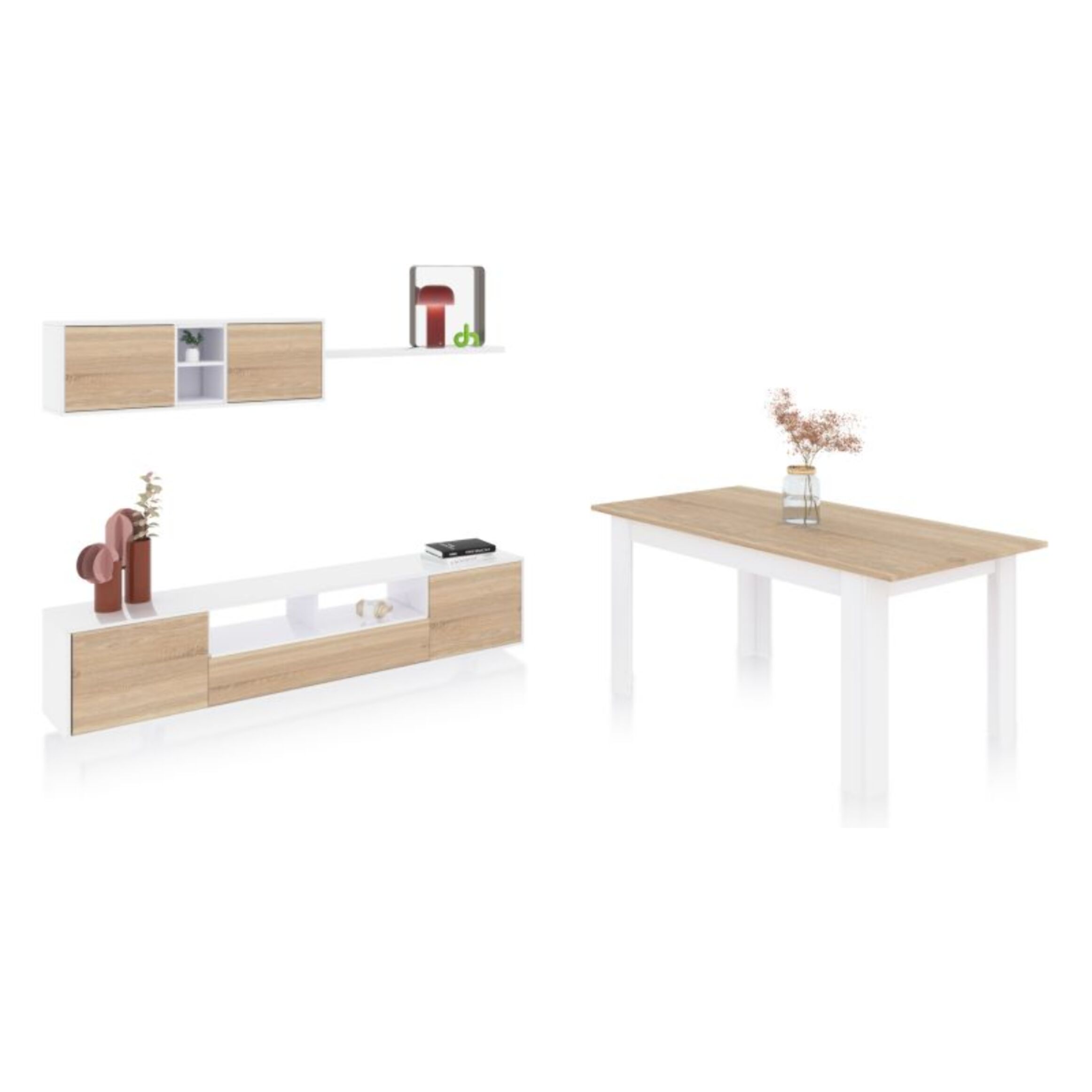 Pack salón con mesa de comedor Kenzo Plus VA Blanco Artik (Blanco Mate) - Roble Canadian