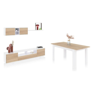 Pack salón con mesa de comedor Kenzo Plus VA Blanco Artik (Blanco Mate) - Roble Canadian
