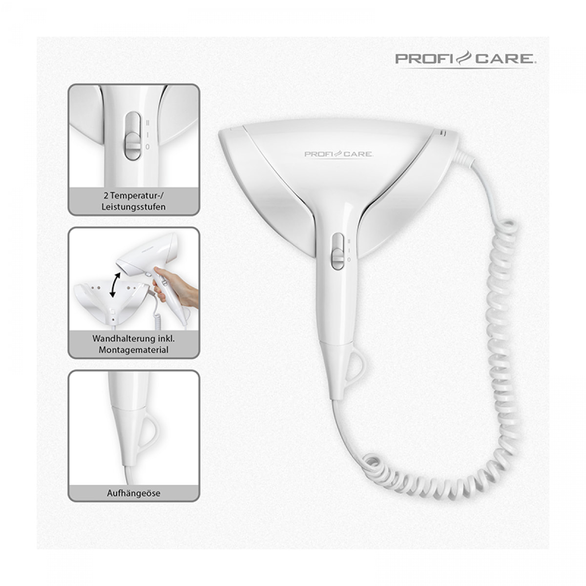 Sèche-cheveux mural compact 1800W Proficare PC-HT 3044 Blanc