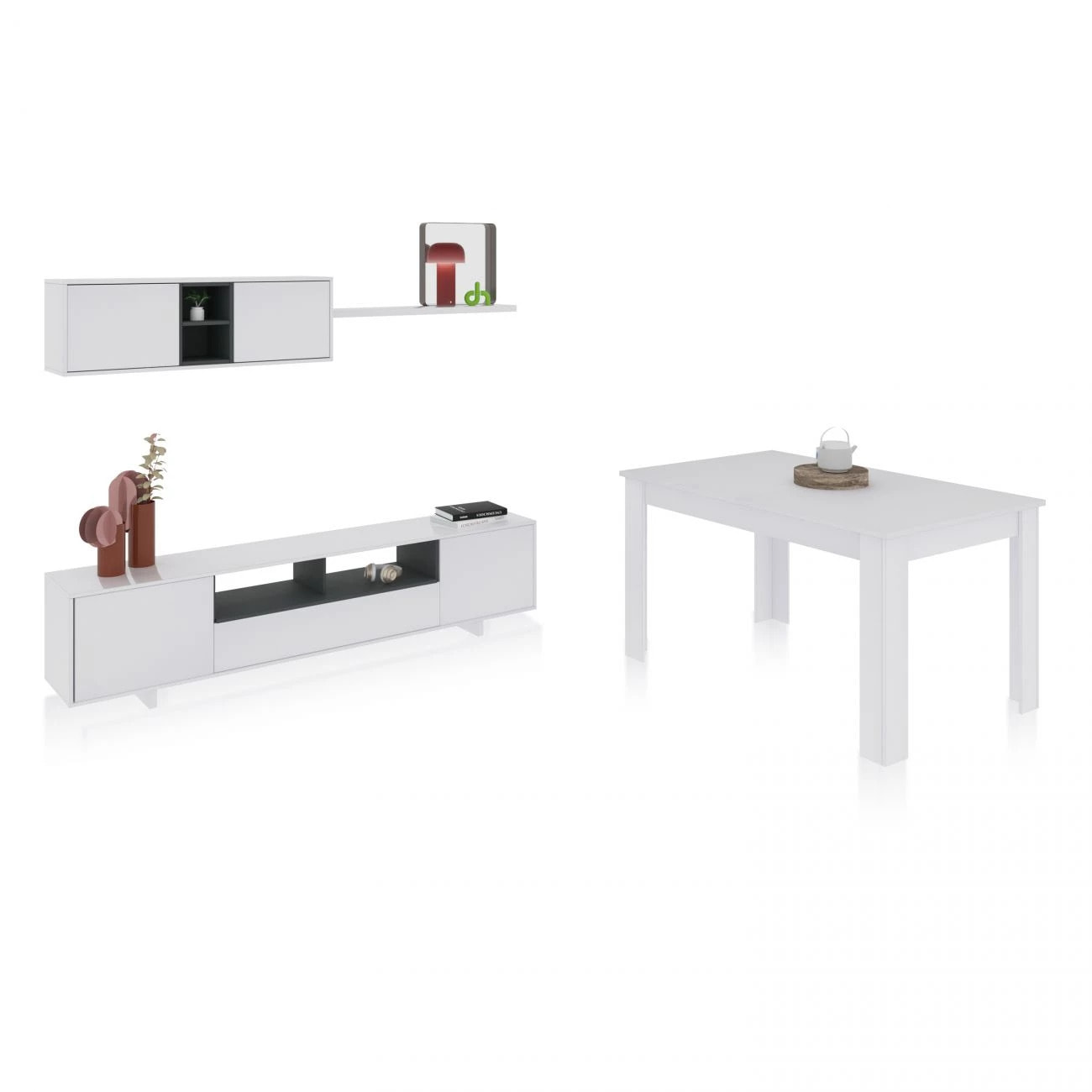 Pack salón con mesa de comedor Kenzo Plus VB Blanco Brillo - Gris Antracita