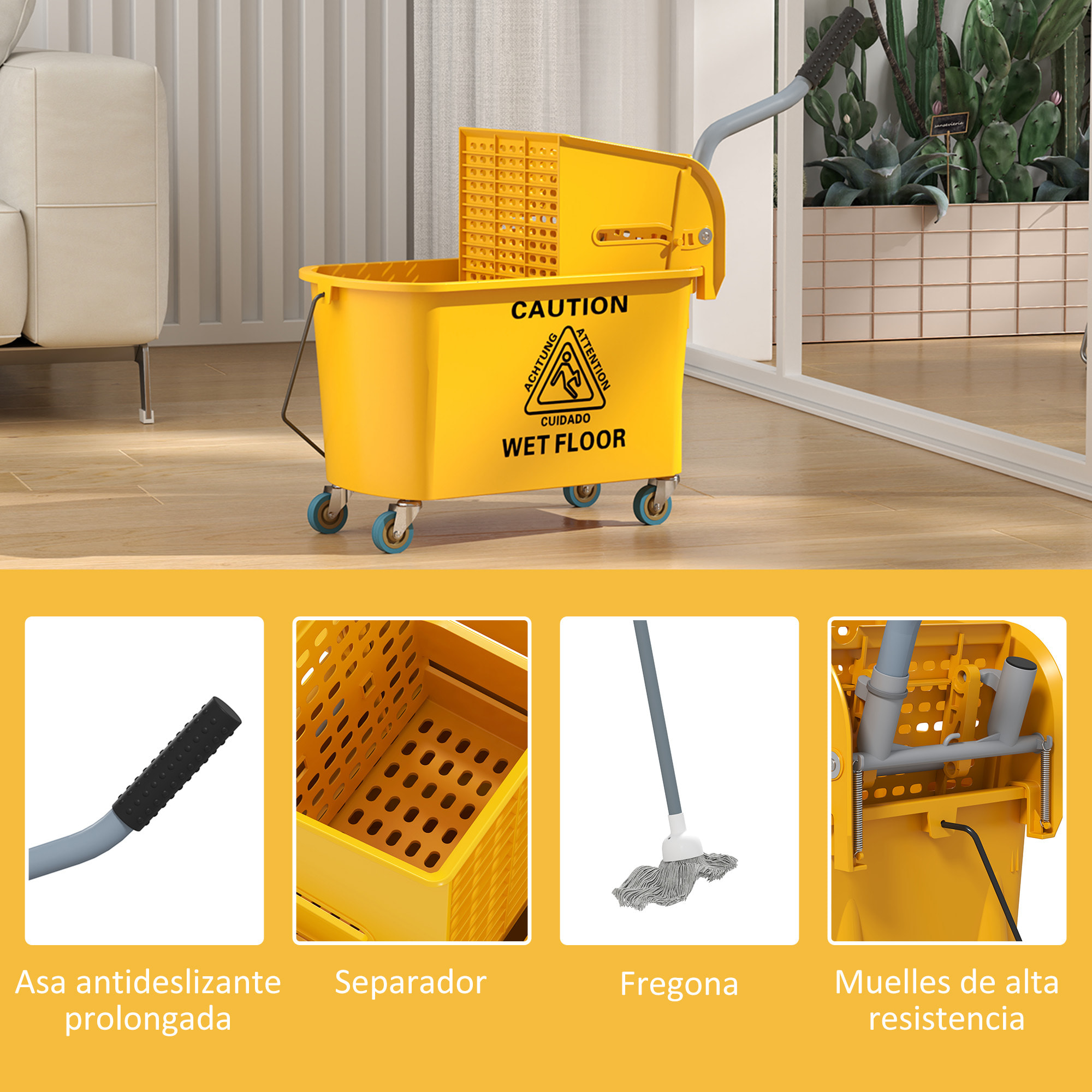 Cubo de Fregona con Ruedas Capacidad de 20 L Cubo de Fregar con Sistema de Escurridor Mopa y Asa de Transporte para Doméstico y Comercial Amarillo