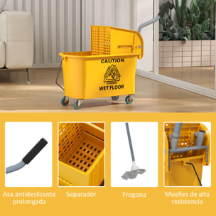 Cubo de Fregona con Ruedas Capacidad de 20 L Cubo de Fregar con Sistema de Escurridor Mopa y Asa de Transporte para Doméstico y Comercial Amarillo