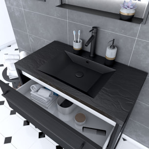 Meuble de salle de bain 80x50cm - 2 tiroirs - vasque résine noire effet pierre - STRUCTURA F051