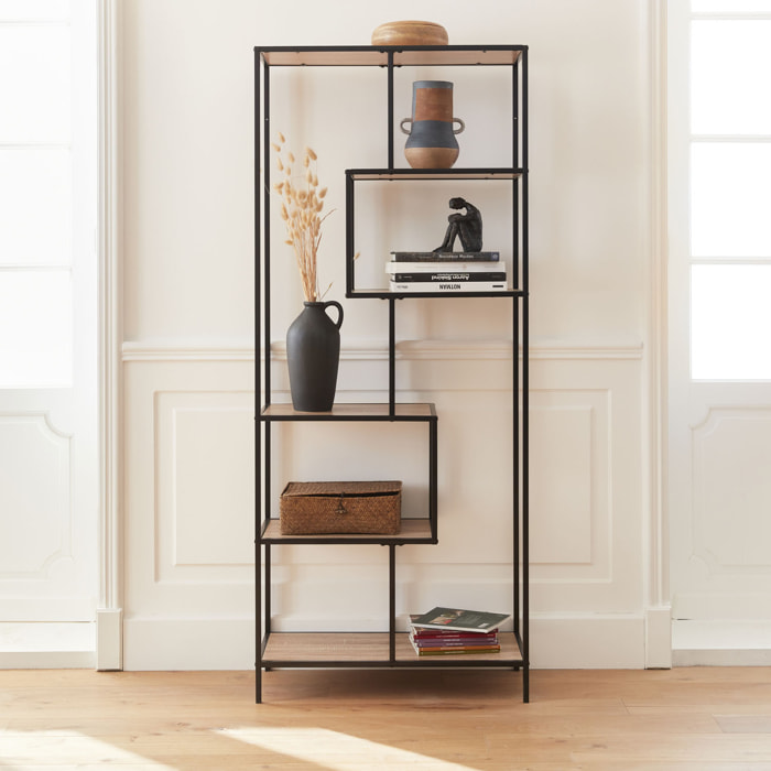 Etagère en métal noir et décor bois - Loft - bibliothèque 6 niveaux. L 77 x l 33 x H 185cm