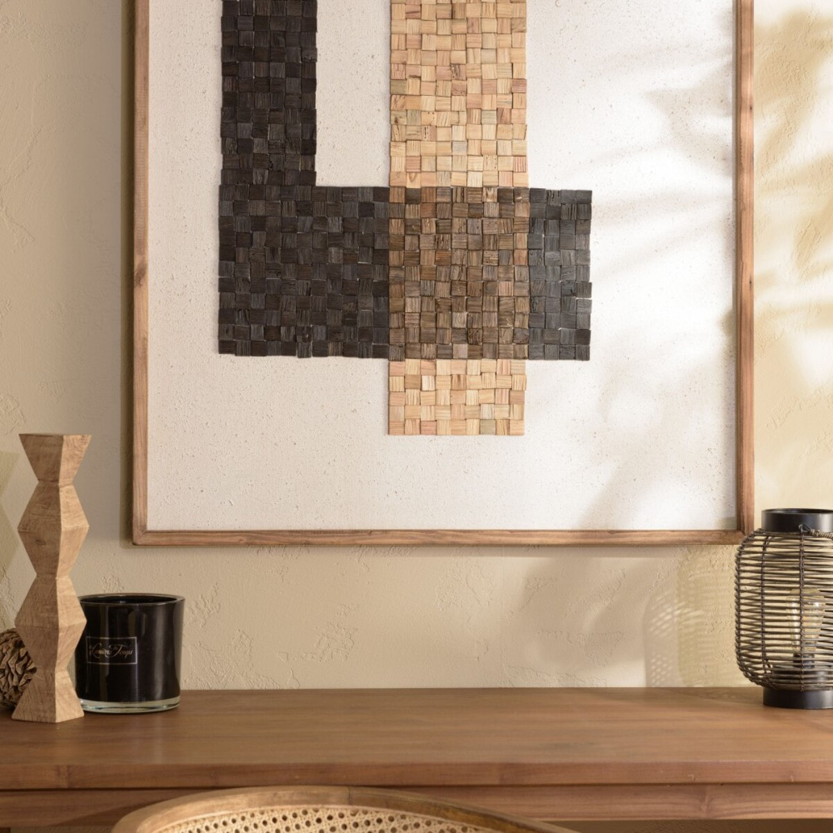 SANDY - Décoration murale 82x122cm mosaïque beige/noire en Pin recyclé