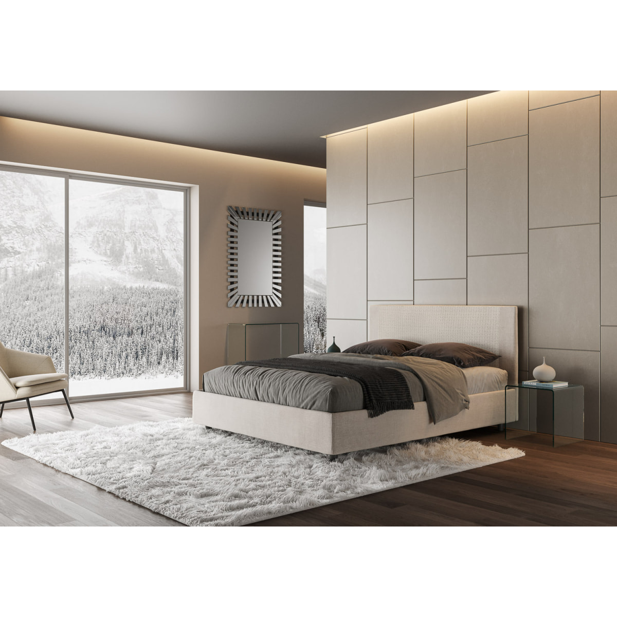 Letto matrimoniale contenitore imbottito 160x200 tessuto Labirinto 01 bianco Rosal