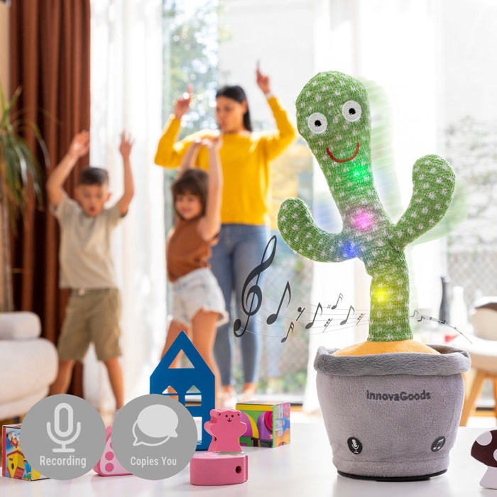 Cactus ballerino e chiacchierone ricaricabile con musica e LED - verde/grigio/giallo - 9 x 34 x 10