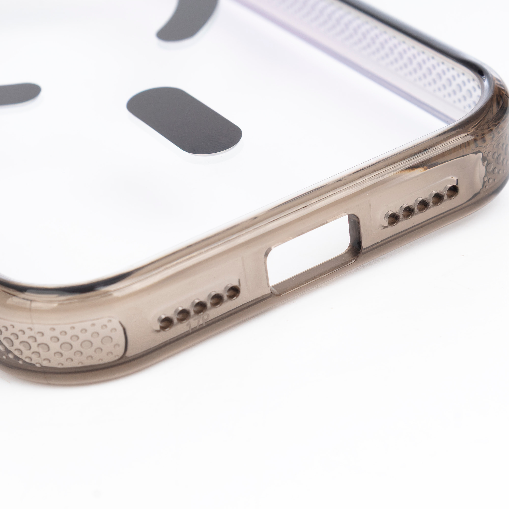 Custodia trasparente con fotocamera coperta e bordi neri. Magsafe per iPhone 17 Pro.