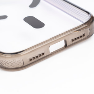 Custodia trasparente con fotocamera coperta e bordi neri. Magsafe per iPhone 17 Pro.