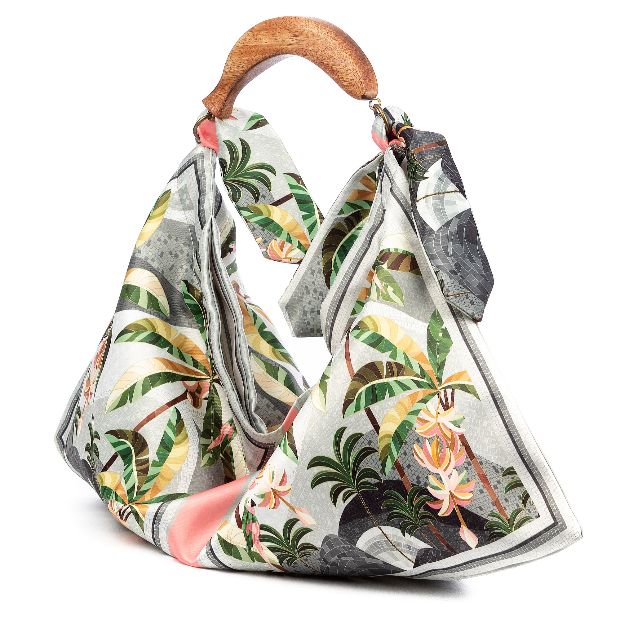 Bereguardo Bolso de hombro Mujer. Fabricado en tejido suave estampado con tintes naturales con asa de madera.