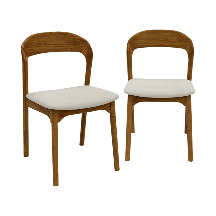 Lot de 2 chaises vintage bois d'hévéa noyer et tissu beige - L 46 x P 53 x H 78cm - Athena