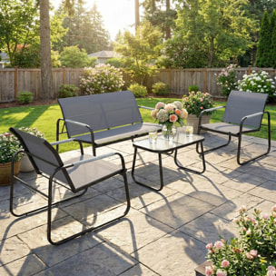 Conjunto de Jardín Exterior de 4 Piezas, Muebles Jardín Exterior con 1 Sofá de 2 Plazas, 2 Sillones y Mesa de Vidrio Templado, Estructura de Acero y Textilene Transpirable, Gris