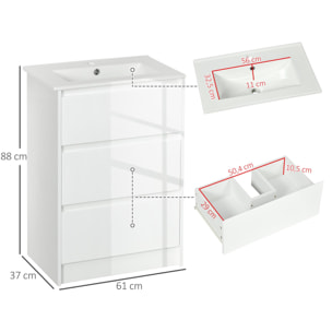 Mueble de Baño con Lavabo Armario de Baño Bajo Lavabo de Baño de Cerámica Sintética con 2 Cajones 61x37x88 cm Blanco Brillante