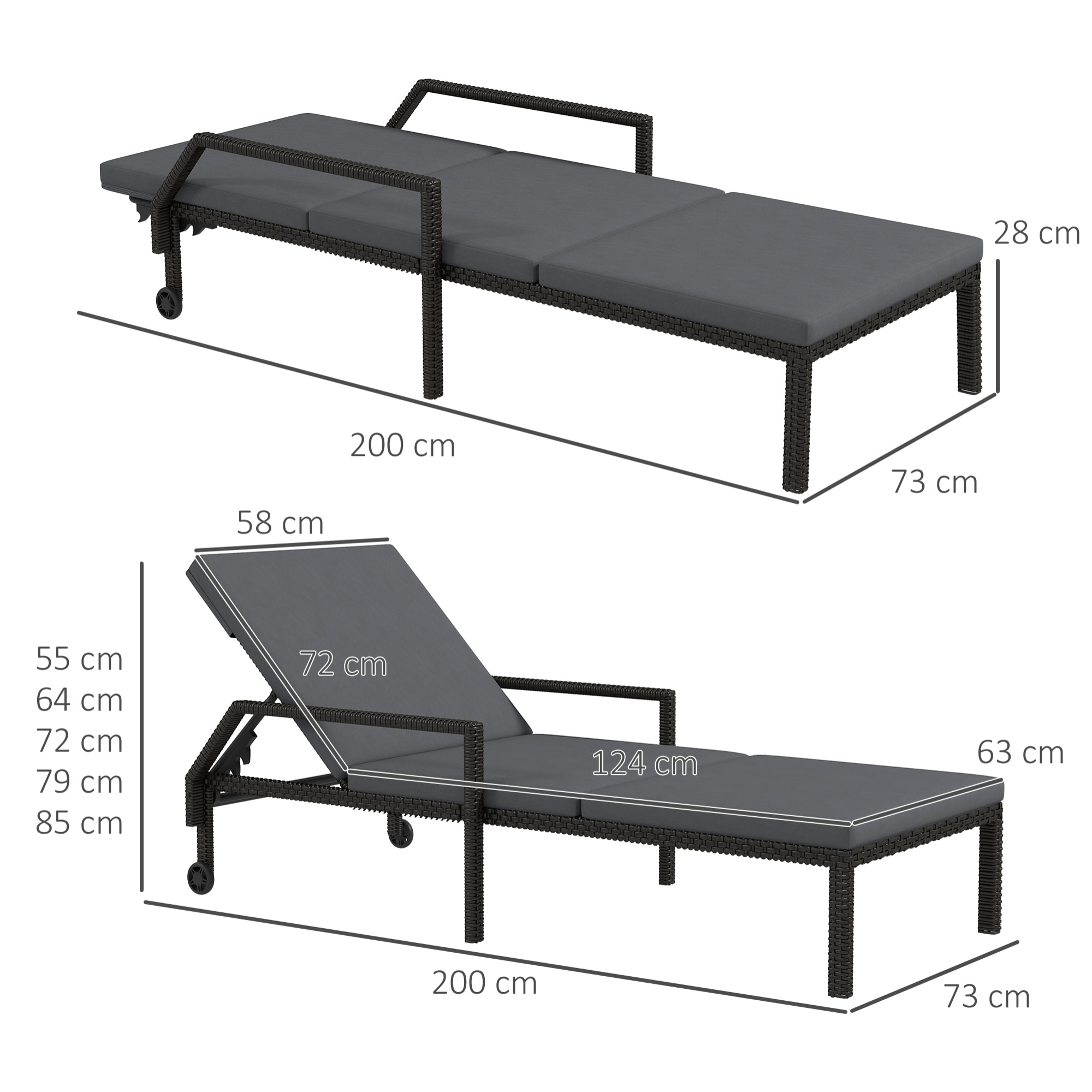 Tumbona de Ratán Chaise Longue de Jardín con Respaldo Ajustable en 5 Posiciones Cojín Acolchado y 2 Ruedas Carga 120 kg 73x200x48 cm Gris Oscuro y Negro