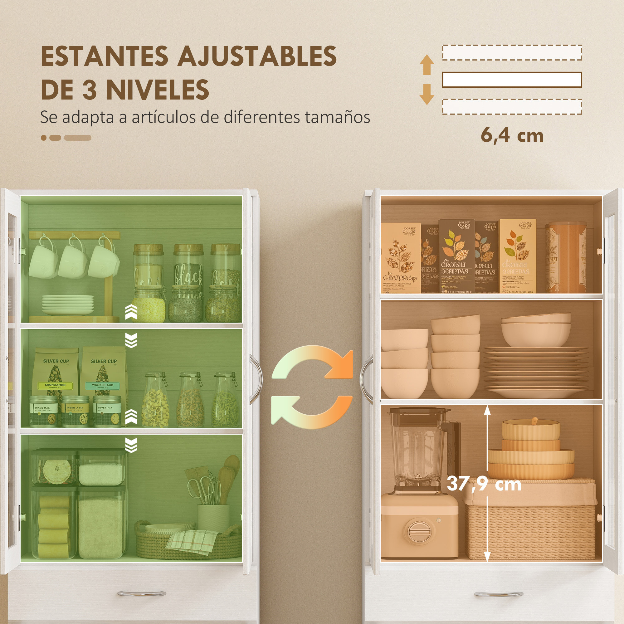 Alacena de Cocina, Mueble Auxiliar de Cocina con Puertas de Vidrio, Cajón, Estantes Ajustables, para Comedor, Salón, Blanco, 60x35x180 cm