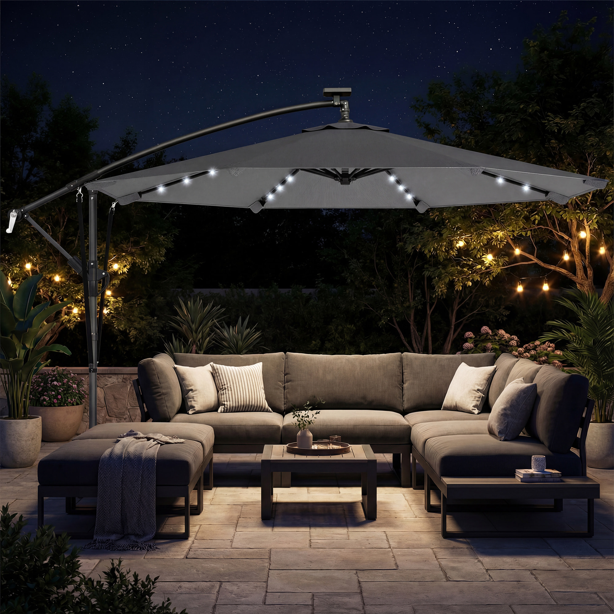 Parasol déporté LED dia. 295cm pivotant inclinable housse incluse