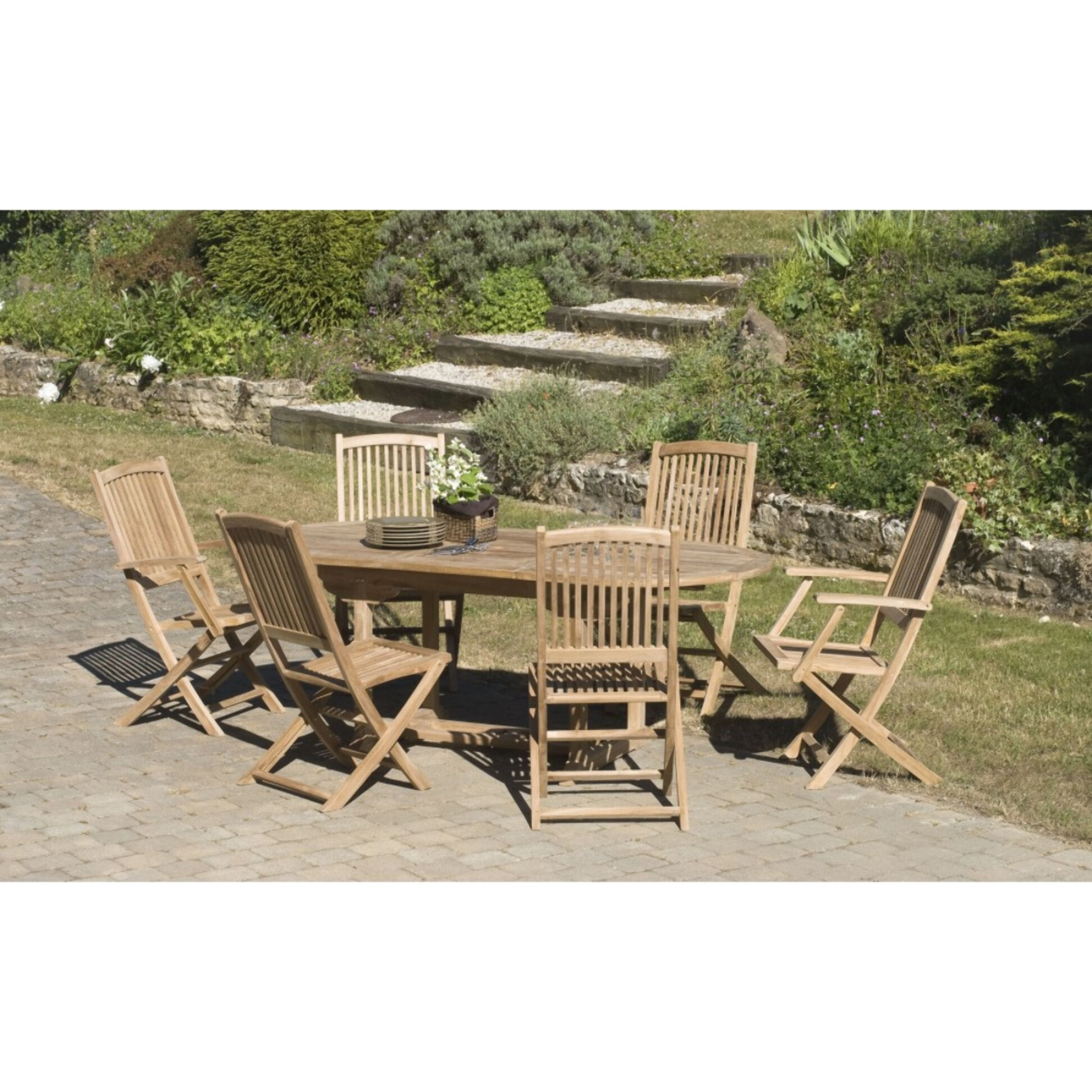 FUN - SALON DE JARDIN EN BOIS TECK 8/10 pers - 1 Table ovale extensible 180*240/100 cm 4 chaises et 2 fauteuils