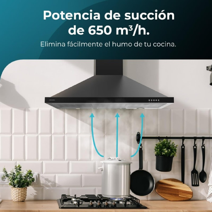 Campana Extractora Piramidal de 60cm Bolero Flux PM 604300 Black C. Motor 105W,