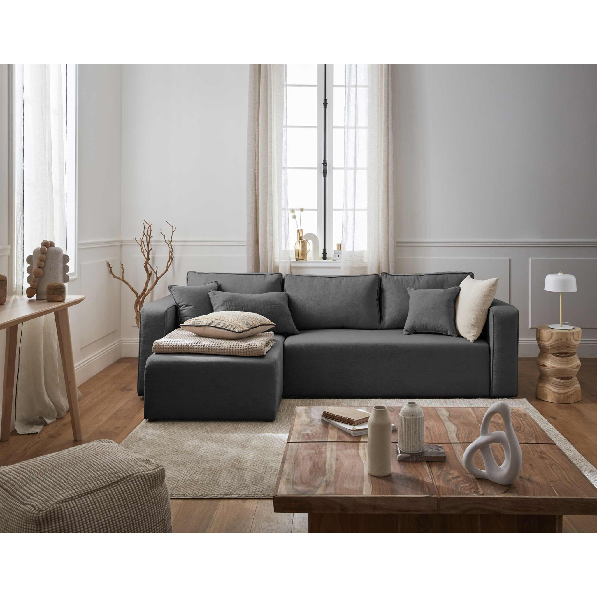 Topaze - canapé d'angle réversible - 4 places - convertible avec coffre - en tissu - Gris foncé