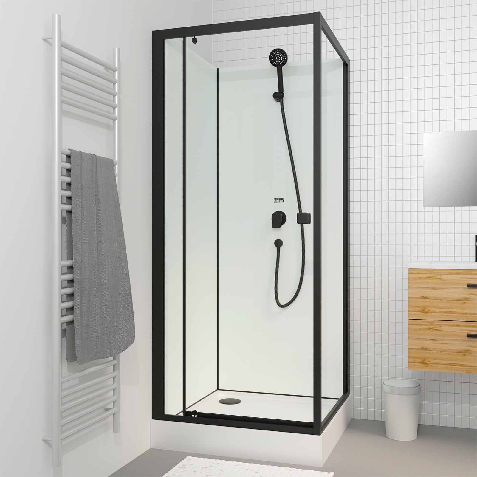 Cabine de douche carrée 80x80x200 cm - Porte pivotante - Fonds Blancs & Profilés Noir Mat