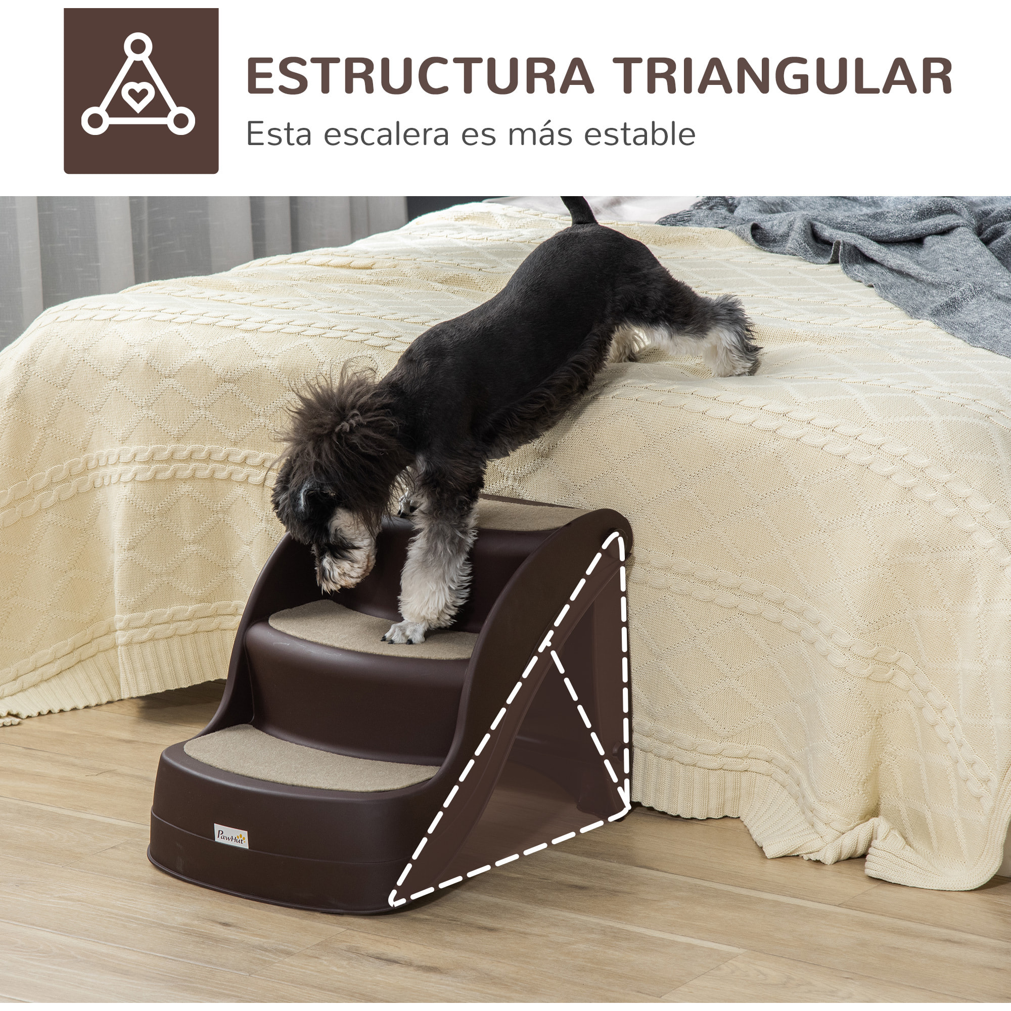 Escalera para Perros de 3 Peldaños Plegable Escalón de Plástica para Mascotas con Alfombras Antideslizantes para Cama Sofá Carga 15 kg 49x38x38 cm Marrón