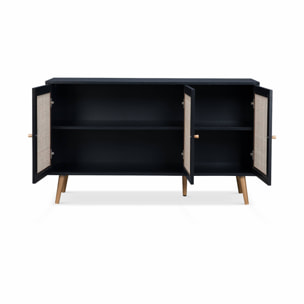 Buffet de rangement en cannage. noir 120x39x70cm  - Bohème - 2 niveaux. 3 portes. pieds scandinaves. buffet bas