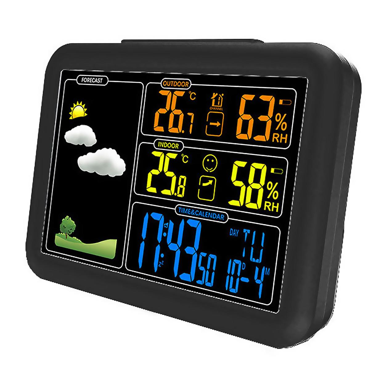 Stazione meteorologica automatica a colori ad alta precisione con barometro igrometro. Temperatura e umidità interne ed esterne. Include trasmettitore esterno.