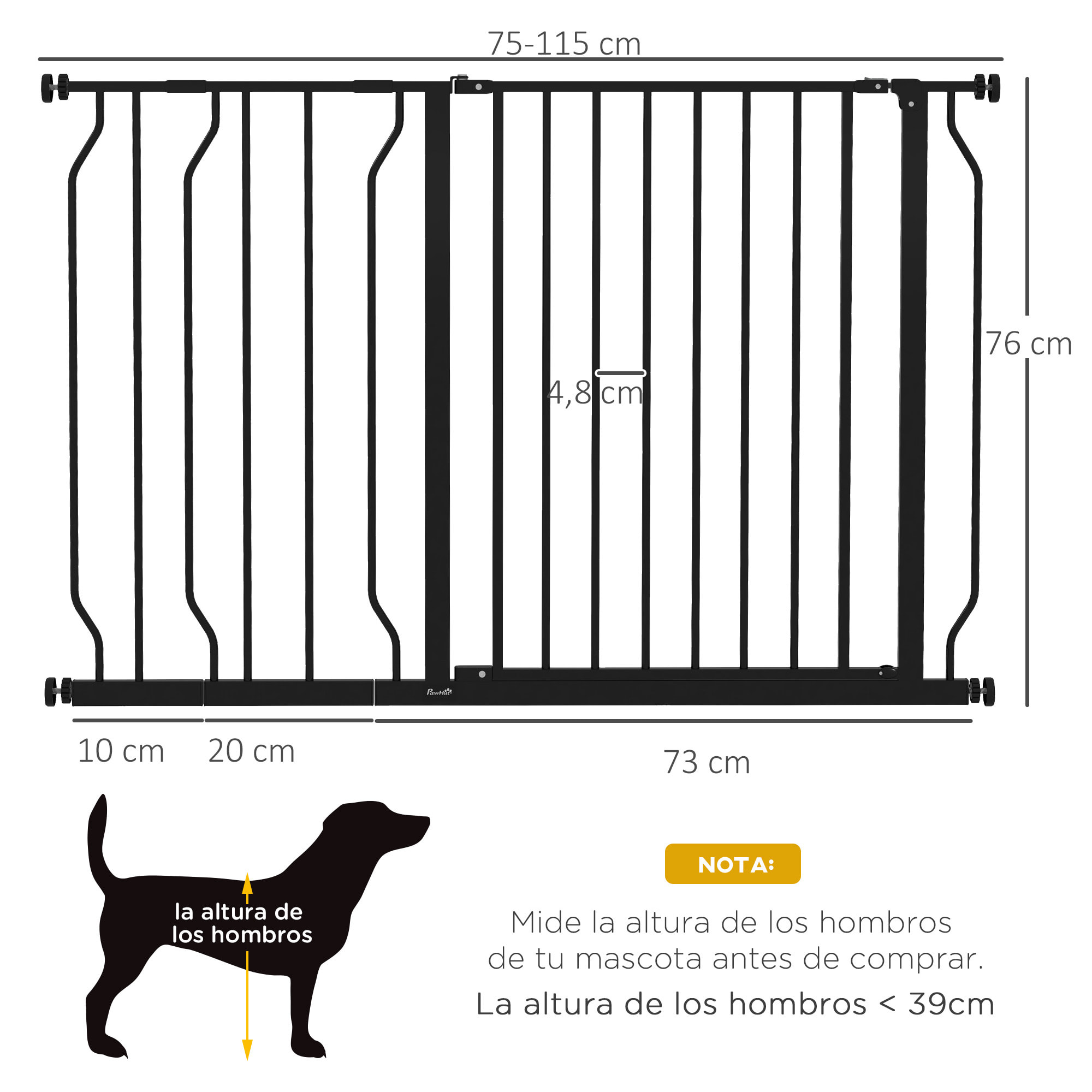 Barrera de Seguridad para Perros Extensible 75-115 cm para Puertas y Escaleras Puerta de Seguridad Apertura en Dos Sentidos y Solo una Mano Extensiones Montaje a Presión y Doble Bloqueo Negro