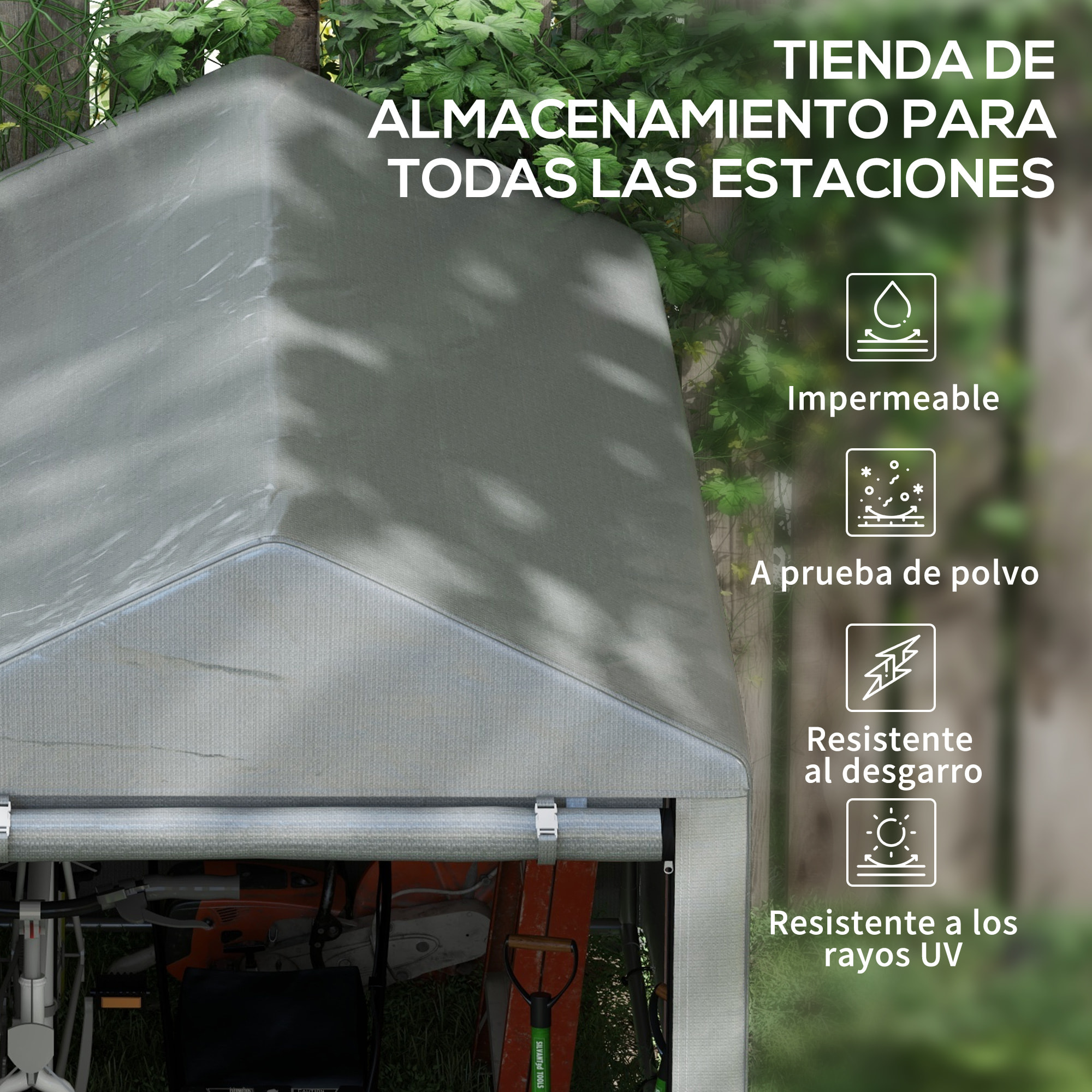 Carpa de Jardín Exterior para Herramientas Bicicletas 1,2x1,8x1,65 m, Cobertizo Exterior con 2 Habitaciones, Puerta Enrollable con Cremallera, Impermeable Anti-UV, Garaje Portátil, Gris Claro