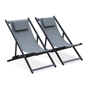 Lot de 2 bains de soleil - Gaia gris - Transat en aluminium gris anthracite et textilene gris avec coussin repose tête. chilienne