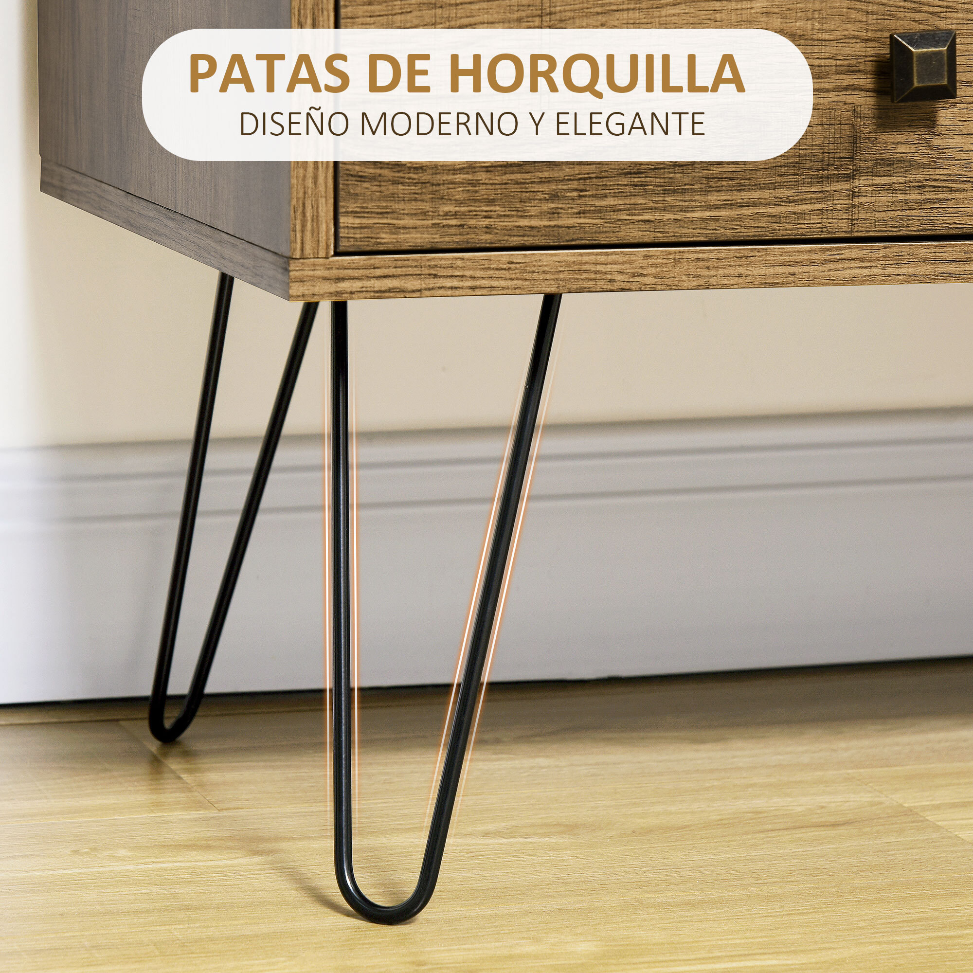 Cómoda con 4 Cajones Cajonera de Madera con Puerta Estante Ajustable y Patas de Metal para Salón Dormitorio Cocina 79x39x86 cm Marrón