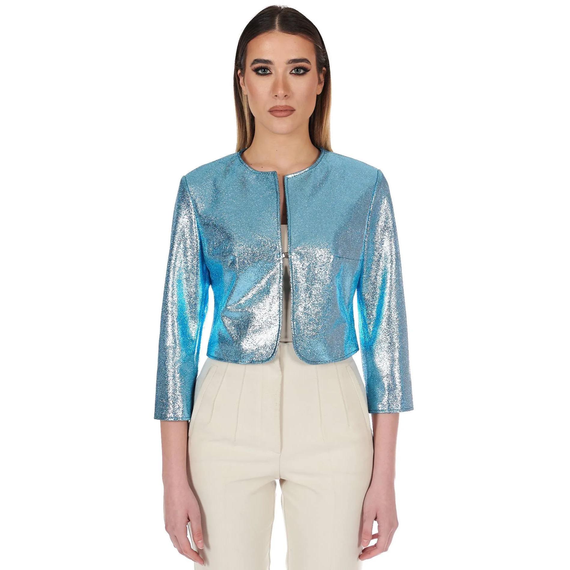 Giacca corta bolero in pelle laminata azzurra girocollo